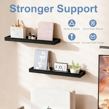 Floating Shelves with Raised Lip for Wall, 15.7 Inch Black Wooden Floating Wall Shelves, Set of 2, Wall Shelves for Bedroom Bathroom Living Room, Rustic Storage Display Shelves - color: Black