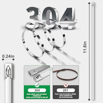 100-Pack Metal Zip Ties 11.8 inch, Heavy Duty 304 Stainless Steel Self-Locking Cable Ties for Outdoor Use, Multifunctional Cable Ties for Exhaust Wrap, Chain Link Fence Parts, Farms, Pipes - color: 100pcs