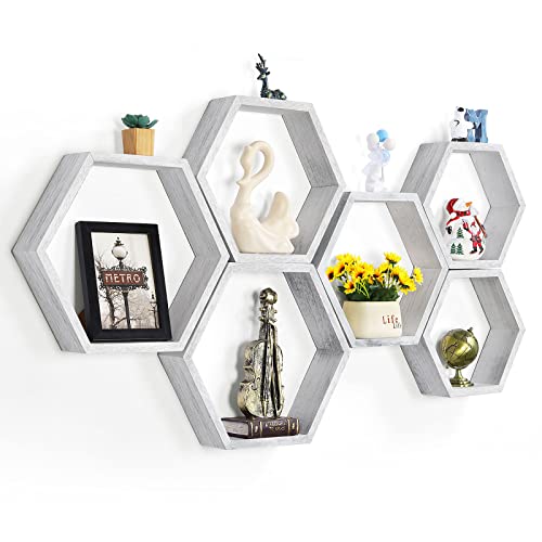 Hexagon Floating Shelves Set of 6, Wall Mounted Wood, Grey | Honeycomb Shelves, Wood Farmhouse Storage, for Wall Decor, Hanging Shelves, for Bedroom Living Room Nursery, Free Combination - color: 6 Pack Grey