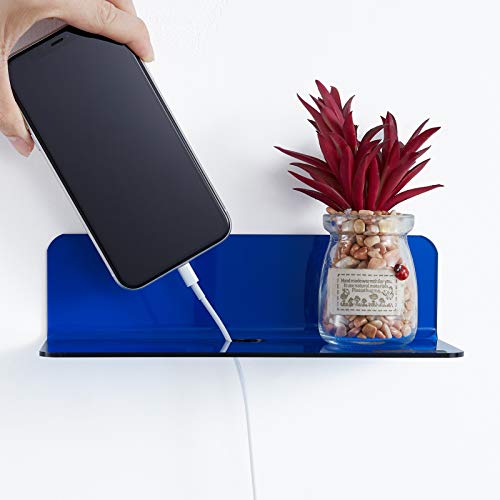 OAPRIRE Small Floating Wall Shelves Set of 2 - Personalize&Easily Expand Wall Space - 9 Inch Acrylic Wall Shelf for Bedroom, Gaming Room, Living Room, Bathroom, Office, with Cable Clips - Clear Blue - color: Blue