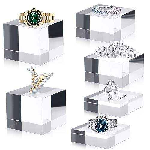 Geelin 9 Pcs Acrylic Risers Stand Display Block Decor Riser 3 Size Decor Clear Polished Cube Solid Pedestal Stand for Jewelry Perfume Photography Collection Food Doll Wedding High Density (Square) - style: Square