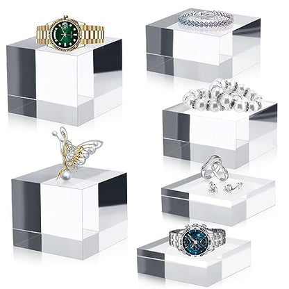 Geelin 6 Pcs Acrylic Risers Stand Display Block Decor Riser 3 Size Decor Clear Polished Cube Solid Pedestal Stand for Jewelry Perfume Photography Collection Food Doll Wedding High Density (Square) - style: Square