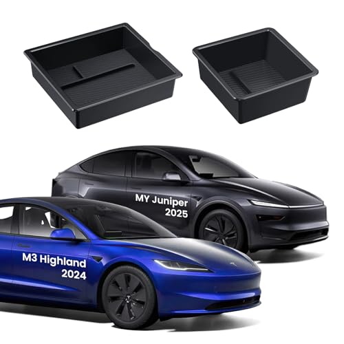 BANKKY Center Console Organizer for Tesla Model 3 Highland 2024-2026 & Model Y Juniper 2025-2026, 2PCS Armrest Storage Tray with Anti-Slip Liner, ABS Black Tesla Accessories - size: 2PCS (24-26) Model3 Black