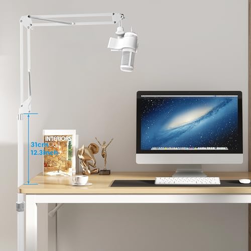White Microphone-Floor-Stand for Blue Yeti, Nano, Snowball, Solocast,Razer,Logitech USB and XLR Mic,Adjustable Mic Boom Arm Stand with 1/4'' Thread and 3/8" 5/8" Adapter, Mic Clip, Cable Ties