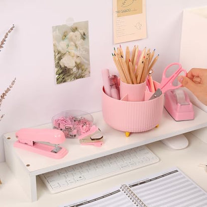 SKYDUE Pink Desk Accessories 10Pcs, Rotating Pen Holder for Desk, Stapler, Staple Remover, Tape Dispenser,2pcs Tape Refills, Binder Paper Clips Kit, Scissor,Pink Office School Supplies - color: Pink