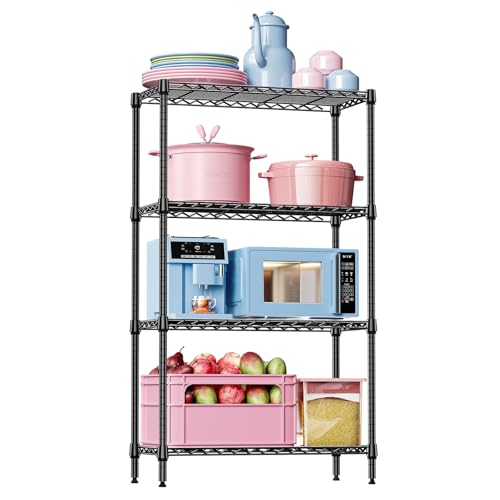IZEUK 4 Tier Black Metal Storage Shelves, Heavy Duty Wire Shelving Rack for Garage, Kitchen, Bathroom, or Laundry Organization, 1000 lbs Capacity, 13.8" D x 35.4" W x 59.5" H - color: Black, size: 4 Tier,13.8" D x 35.4" W x 59.5" H