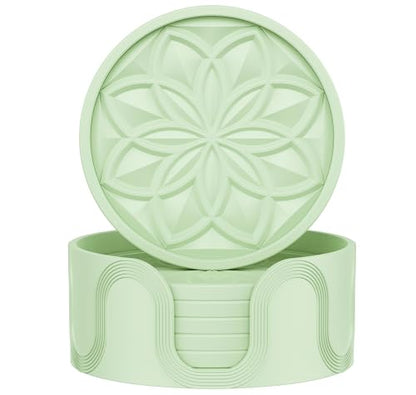 HFHOME Silicone Coasters Set for Drinks - 6 Pack With Holder, Table Cup Mat for Coffee Table, Desk, Bar - Tabletop Protection Gift - Nyanza Green - color: Nyanza Green