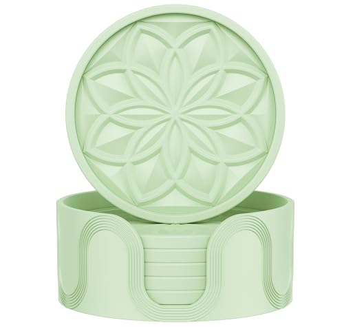 HFHOME Silicone Coasters Set for Drinks - 6 Pack With Holder, Table Cup Mat for Coffee Table, Desk, Bar - Tabletop Protection Gift - Nyanza Green - color: Nyanza Green