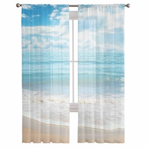 Ocean Beach Theme Sheer Curtains 84 Inch Length 2 Panels Set for Living Room/Bedroom, Tropical Sea Sky View Beach House Theme Semi Curtain Sheers Drapes Rod Pocket Curtains Window Treatment Set - color: Beach, size: 52"W x 84"L (Pack of 2)
