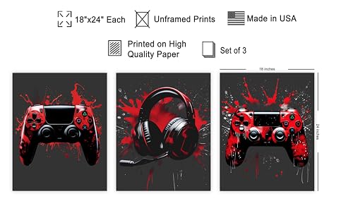 Poster Master 3-Piece Red Gaming Print - Video Game Accessories Poster - Geeky & Gamer Art - Modern Graffiti Design - Great Game Room or Teen Boy's Room Decor - 18x24 UNFRAMED Wall Art - color: Style-08, size: 18"L x 24"W