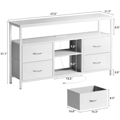 Huuger 47 Inch TV Stand Dresser with Power Outlets and LED Lights, 4 Drawers Entertainment Center with Open Shelf, Media Console for 55 50 Inch TV, Dresser with PU Finish, White - color: White, size: 47.2 Inches