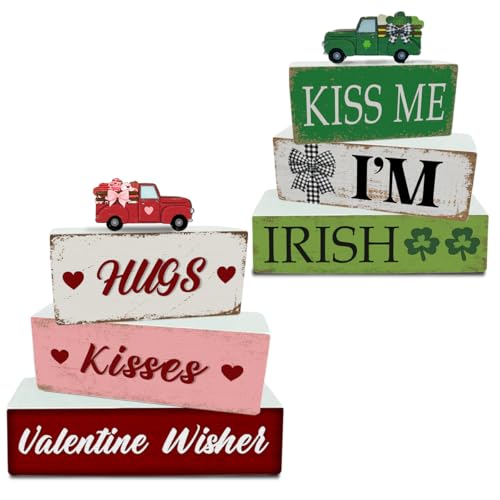 4 Pcs Valentine's Day Decorations Reversible St. Patrick's Day Table Sign Centerpiece Wooden Truck Desk Decor Double Side Irish Tiered Tray Decor for Table Shelf Mantel Farmhouse Home Decoration - color: Reversible