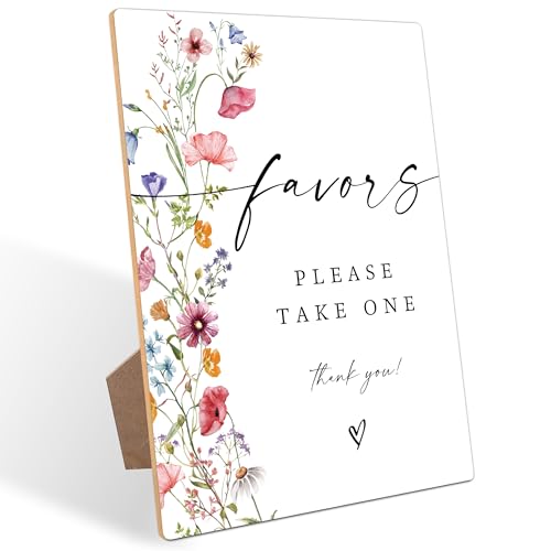 Favors Please Take One Sign, Flowers Bridal Shower Decor, Wedding Reception Table Decorations, Engagement Decorations, Boho Wooden Sign with Stand for Wedding Reception And Bridal Party Decor, 17 - color: Favors Please17