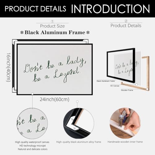 Green Motivation Quotes Posters Vintage Feminist Wall Art Modern Minimalist Inspirational Canvas Prints 16x24 inch Black Framed Don't Be A Lady Be A Legend Wall Decor for Bedroom - color: white-1, size: 24"L x 16"W, style: Framed