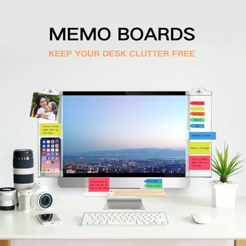 Monitor Memo Boards for Computer, Upgrade Transparent 3 PCS (Left & Right & Bottom) Multifunction Screen Message Reminder Pad Side Panel Phone Holder Organizer for Office Desktop, with Pen Sticky Note - style: Left + Right + Bottom