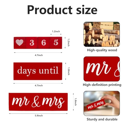 6 Pcs Wooden Engagement Gifts for Couples Wood Engagement Party Decorations Block Wedding Day Countdown Calendar Fiance Gifts for Women Future Mr Mrs Newly Engaged Couples, Red - color: red