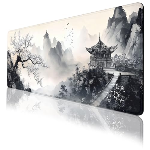 Japanese Mouse Pad Ink Landscape Mountain Pavilion Blossom Large Desk Mat Waterproof Stitched Edges Rubber Base Non-Slip Deskmap Computer Keyboard Mat 31.5 x 11.8 Desk Home Office Gaming - color: Japanese, size: 31.5" x 11.8"
