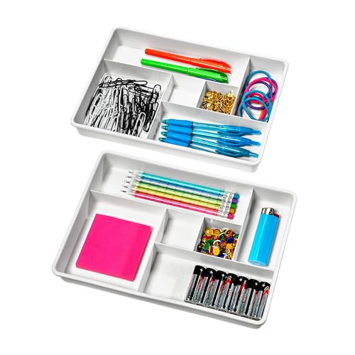 Madesmart Set of 2 Plastic 6-Compartment Drawer Organizer Gadget Trays, Multipurpose Storage Bins for Drawers, White - color: PremiumWhite, size: 12 Compartments