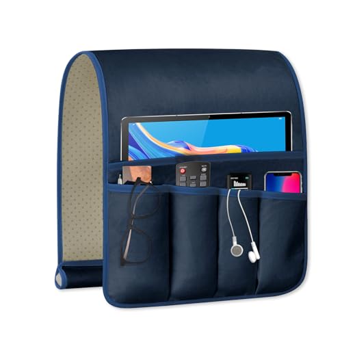 TV Remote Control Holder Couch Caddy, Non-slip Bedside Caddy Organizer with 5 Pockets for Key Glasses Phone Magazine Holders - color: Blue-A, size: 35"x12.4"