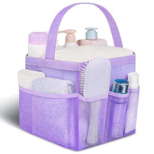 Attmu Mesh Shower Caddy Portable for College Dorm Room Camping Essentials, Shower Caddy Dorm with 9-Pockets, Large Capacity Hanging Basket Bathroom Bag for Toiletry, Swimming, Gym, Camp, Beach - color: light purple