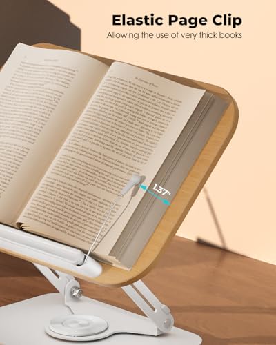 Viozon Book Stand for Reading,Book Holder, Height&Angle Adjustable, 360° Rotating Base, Foldable and Portable, Lightweight for Office, Kitchen, School Textbook, Recipe, Magazine,Kindle,Tablet LW - color: Light Wood