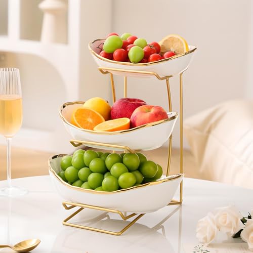Gold Silver Fruit Bowl with Metal Stand, 3 Tier Ceramic White Fruit Bowl Fruit Rack for Kitchen Counter, Tiered Fruit Basket for Snacks Bread Candy Storage (White B (Smooth Surface)) - color: White B (Smooth Surface)