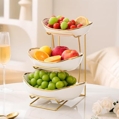 Gold Silver Fruit Bowl with Metal Stand, 3 Tier Ceramic White Fruit Bowl Fruit Rack for Kitchen Counter, Tiered Fruit Basket for Snacks Bread Candy Storage (White B (Smooth Surface)) - color: White B (Smooth Surface)
