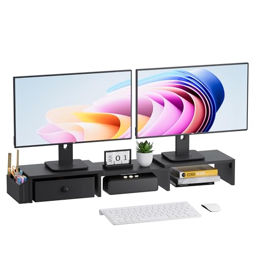 Dual Monitor Stand Riser, Adjustable Length & Swivel Angle Monitor Stand, Ergonomic Monitor Stand with Drawer & Side Pockets, Desktop Organizer and Office Desk Accessories, Black - color: Black, style: Separate-Type