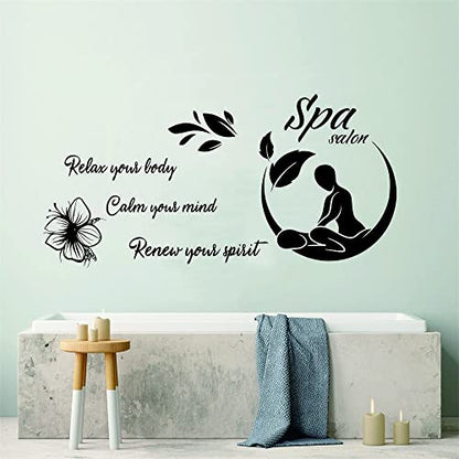 “Relax Your Mind, Body & Spirit” Wall Sticker 46"x23" – Removable PVC Decal for Spa, Sauna, Therapy Room or Beauty Salon – Uplifting Decor for Wellness Spaces (Black-JWH323-SPA)