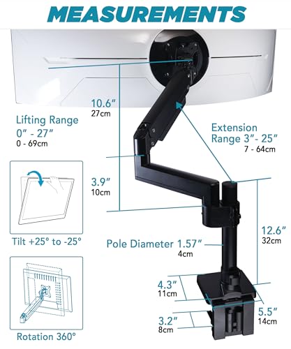 ULTRARM Heavy Duty Monitor Arm for Ultrawide Monitors up to 57" and 44 lbs, Single Desk Stand, Pneumatic Height Adjustable, Modular Extension Arms - Max VESA 100x100, Black, MA20P-S | Max 57", 44 lb, 900R Screens, VESA 100x100, Upgradable, Pneumatic Heigh