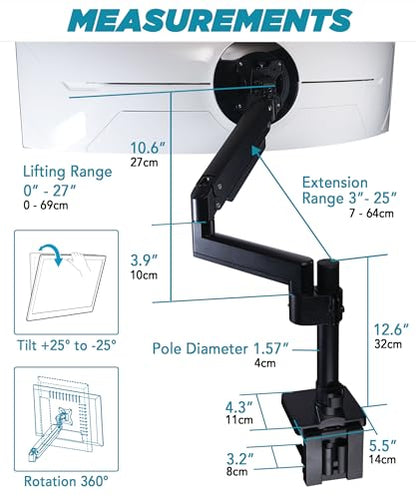 ULTRARM Heavy Duty Monitor Arm for Ultrawide Monitors up to 57" and 44 lbs, Single Desk Stand, Pneumatic Height Adjustable, Modular Extension Arms - Max VESA 100x100, Black, MA20P-S | Max 57", 44 lb, 900R Screens, VESA 100x100, Upgradable, Pneumatic Heigh