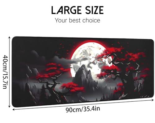 FreeNook Large Gaming Mouse Pad, Anime Black Mousepad with with Non-Slip Base, Expanded Cool Desk Mat, Mountain Moon Scenery XL Keyboard Mat Suitable for Home Office,35.4 X 15.7 Inch - color: Trees Mountains, size: 35.4L x 15.7W inches