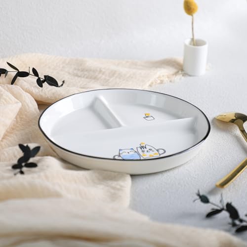 SOCOSY Ceramic 3-Compartment Portion Control Plate Divided Dish Platters, Divided Dessert Plate Salad Plate Dinner Plate Snack Dishes, Appetizer Serving Trays, 1 PCS-Couple Cats-8 Inch - color: Couple Cats