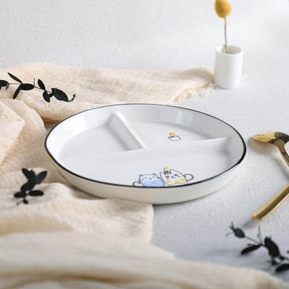 SOCOSY Ceramic 3-Compartment Portion Control Plate Divided Dish Platters, Divided Dessert Plate Salad Plate Dinner Plate Snack Dishes, Appetizer Serving Trays, 1 PCS-Couple Cats-8 Inch - color: Couple Cats