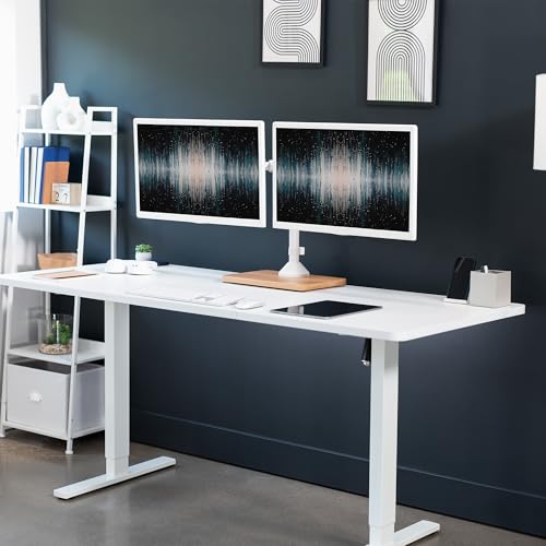VIVO Freestanding Dual Monitor Stand with Solid Wood Base and Adjustable Arms, Mounts 2 Screens up to 32 inch and 22 lbs Each, White, STAND-V002FD-W - color: White/Wood, size: 13" to 32" Screens