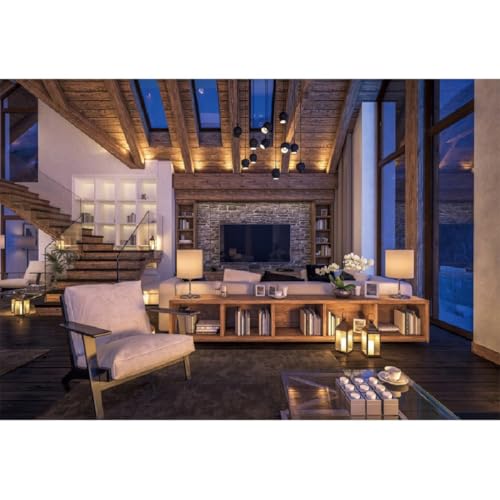 Yeele 20x10ft Living Room Backdrop Modern Cozy Apartment Night Living Room Sofa Wooden Staircase Photography Background for Live Video Online Meeting Video Conference Decor Photo Shoot Props - size: 20x10ft