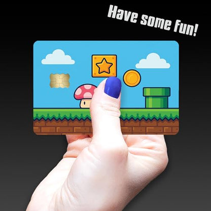 Retro Platformer World – Credit Card Skin Sticker Cover Decal Wrap 2-Pack – Cute Mushroom, Coin & Star Block Design