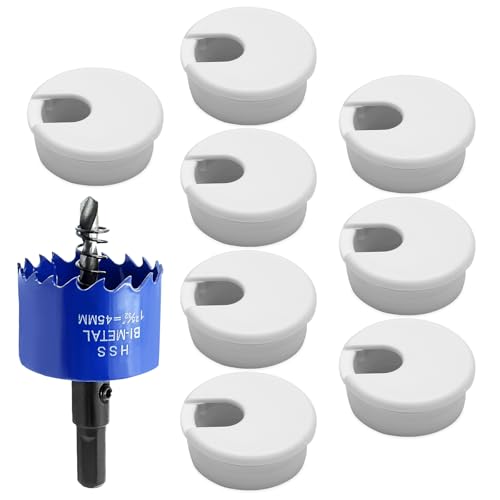 8pcs 1-3/4 Inch Desk Grommet with Drilling Hole Saw, Plastic Desk Hole Cover, White Cable Hole Cover, Desk Hole Grommet for Wire Cord Organizing Office Computer Desk - color: White, size: 1-3/4 Inch