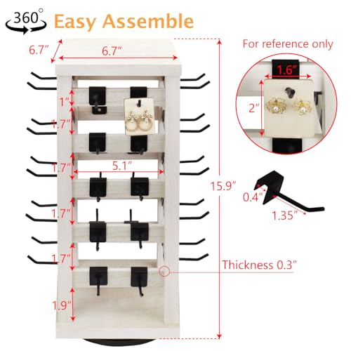 Ikee Design 5 Tiers Easy Assemble Wood Rotating Jewelry Display Tower With 42 Removabl Hooks,Spinning Earring Card Storage Display Stand for Store, Showcase, Tradeshow and Home, Wash White Color - color: 4 side, Wash White, 42 hooks