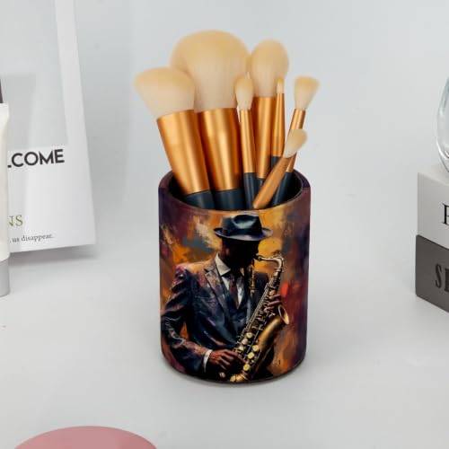 Gentleman Playing the Saxophone Pen Holder Pencil Organizer for Desk, 3.1” x 3.1” x 3.9” Pencil Cup Office Supplies, Large Capacity Cute Pen and Makeup Brush Holder for Home, School, Desktop - color: Gentleman Playing The Saxophone