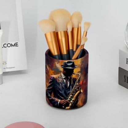 Gentleman Playing the Saxophone Pen Holder Pencil Organizer for Desk, 3.1” x 3.1” x 3.9” Pencil Cup Office Supplies, Large Capacity Cute Pen and Makeup Brush Holder for Home, School, Desktop - color: Gentleman Playing The Saxophone