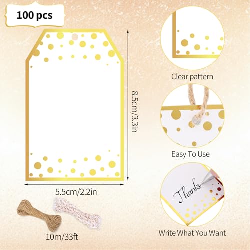 woric 100PCS Gift Tags with String 3.3 x 2.2 Inch Blank Gift Tags with Gold Foil Metallic Polka Dot Personalized Hang Tag Name Tag for Gift Bags Birthday Wedding Bridal Shower Party Favors - color: Gold Foil
