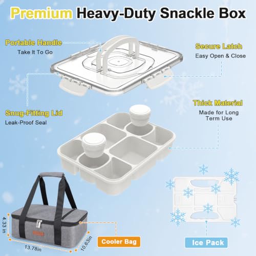 Chilled Snackle Box Container with Ice Pack & Insulated Bag, Portable Snack Tray with 2 Sauce Cups, Divided Serving Tray for Travel Picnic, Leak-Proof, Dishwasher Safe, BPA-Free - color: White + Ice Pack & Insulated Bag