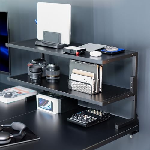 VIVO Black Clamp-on 30 inch 2-Tier Desk Shelf, STAND-SHELF30C | Above or Below Desk, 2 Level Shelving Unit for Table Accessories, Gaming Devices, and More, Storage Tray, Desktop Organizer