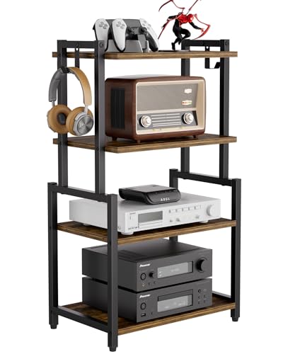 HYPIGO 4-Tier AV Media Corner Shelf, Game Console Stand with 2 Hooks, Stereo Audio Component Rack, Small Entertainment Center for Video Game and Vinyl Record Storage, Rustic Brown