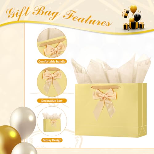 Powbrace Gold Bags with Handles, 13" Medium Gift Bag Set - 1 Gift Bag with Bow, 2 Tissues & Greeting Card for Wedding Baby Shower Fathers Day Mothers Day Birthday Party - color: 1Pcs Gold Glossy Gift Bag, size: 1 count (Pack of 1)