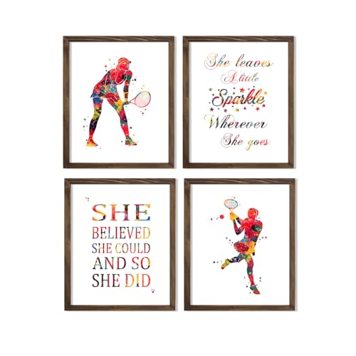 Tennis Player Girl Watercolor Wall Art Print Poster, Inspirational Female Athlete Illustration for Teen Girls Bedroom Nursery Playroom Decor, Tennis Lover Gift for Kids Coaches, 8x10 Inch Unframed Print Set - style: Tennis