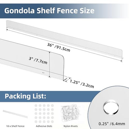 Nalwort 10 Pcs Retail Gondola Shelving Front Fence, Clear PET Shelf Fence with 1/4" Holes and Screws, Front Lips Barrier for Retail Store Display Rack, 3" H x 36" L - size: 3" H x 36" L