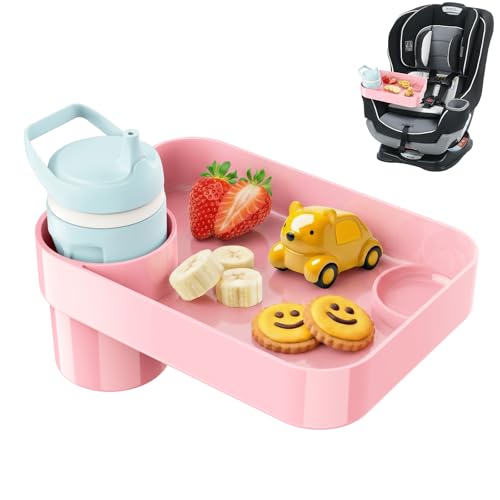 Car Seat Snack Tray for Toddlers - 3 Inch Cup Holder Fits Most Sippy Cups & Straw Bottles with Dip Well, Mess-Free Square Kids Travel Tray Road Trip Essentials, Pink - color: Pink