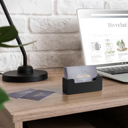 Bivvclaz Black Business Card Holder Desk, Wood Business Card Organizer Desktop Business Card Display Stand for Office Tabletop Exhibition, Small Business Essentials - color: Black